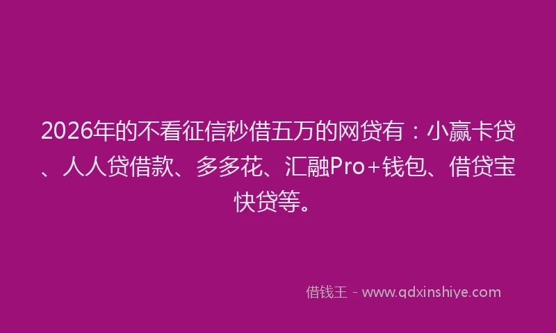 2026年的不看征信秒借五万的网贷有：小赢卡贷、人人贷借款、多多花、汇融Pro+钱包、借贷宝快贷等。