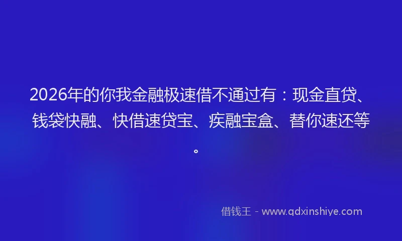 2026年的你我金融极速借不通过有：现金直贷、钱袋快融、快借速贷宝、疾融宝盒、替你速还等。