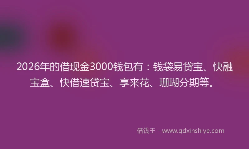 2026年的借现金3000钱包有:钱袋易贷宝、快融宝盒、快借速贷宝、享来花、珊瑚分期等。