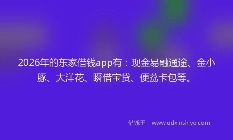 2026年的东家借钱app有：现金易融通途、金小豚、大洋花、瞬借宝贷、便荔卡包等。