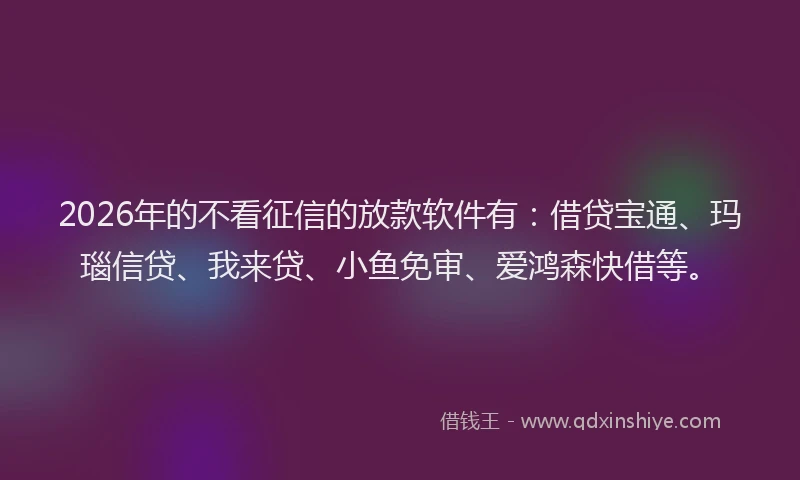 2026年的不看征信的放款软件有：借贷宝通、玛瑙信贷、我来贷、小鱼免审、爱鸿森快借等。