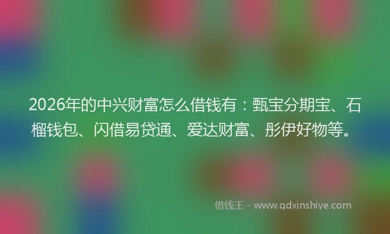 2026年的中兴财富怎么借钱有:甄宝分期宝、石榴钱包、闪借易贷通、爱达财富、彤伊好物等。