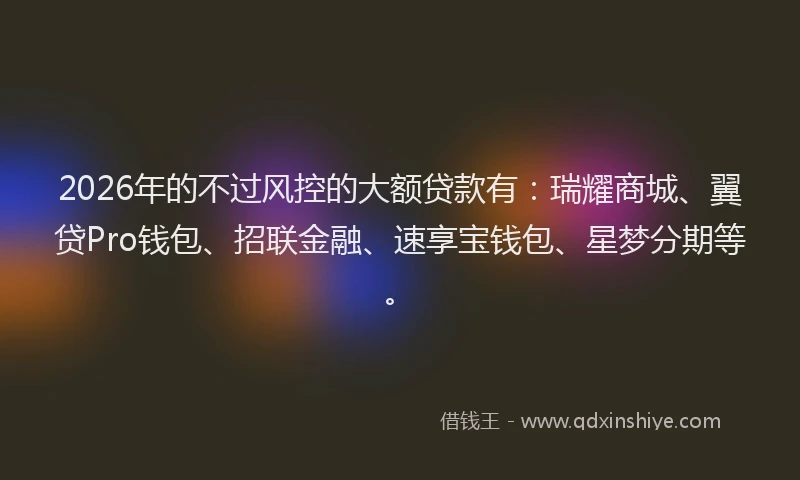 2026年的不过风控的大额贷款有：瑞耀商城、翼贷Pro钱包、招联金融、速享宝钱包、星梦分期等。
