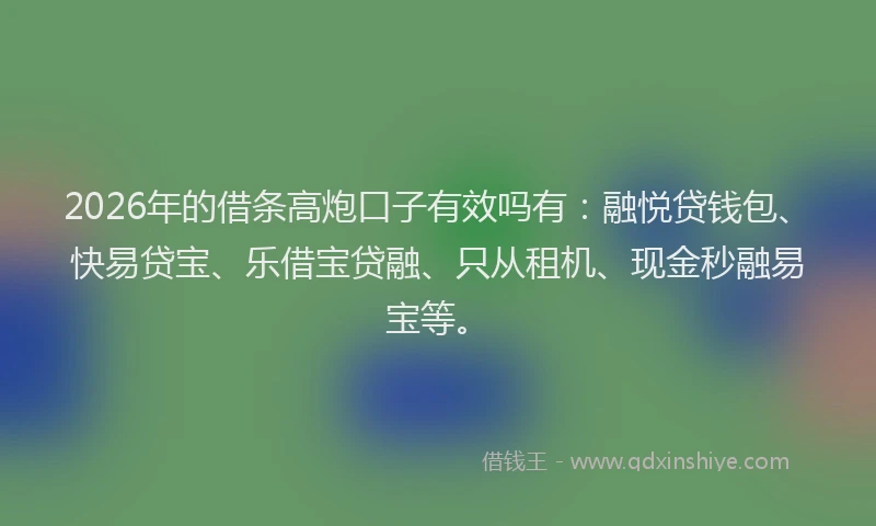 2026年的借条高炮口子有效吗有：融悦贷钱包、快易贷宝、乐借宝贷融、只从租机、现金秒融易宝等。