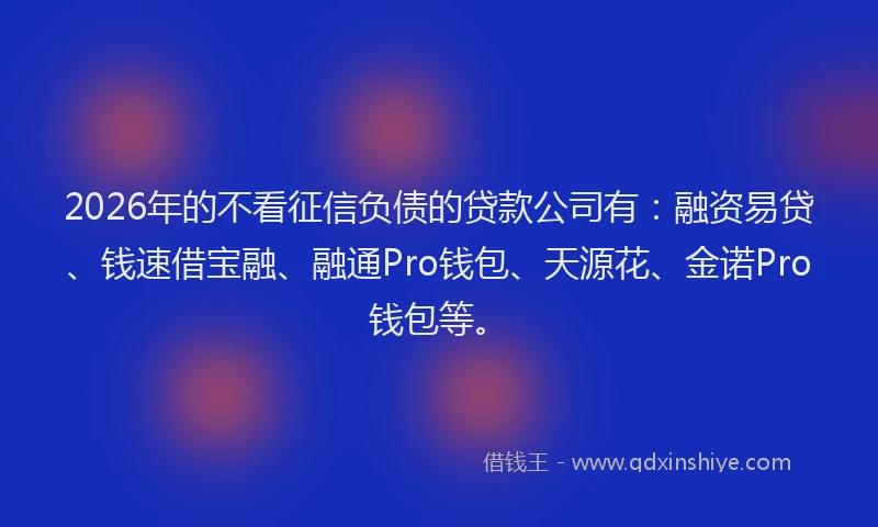 2026年的不看征信负债的贷款公司有：融资易贷、钱速借宝融、融通Pro钱包、天源花、金诺Pro钱包等。