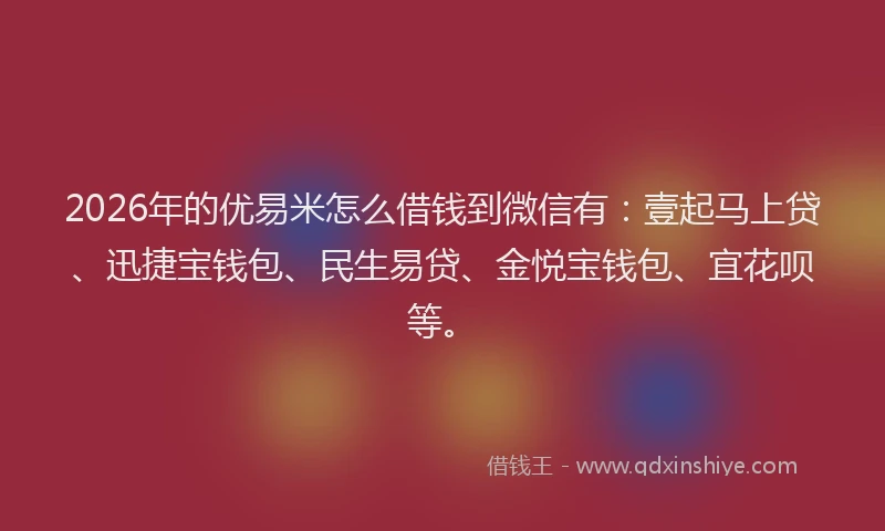 2026年的优易米怎么借钱到微信有：壹起马上贷、迅捷宝钱包、民生易贷、金悦宝钱包、宜花呗等。