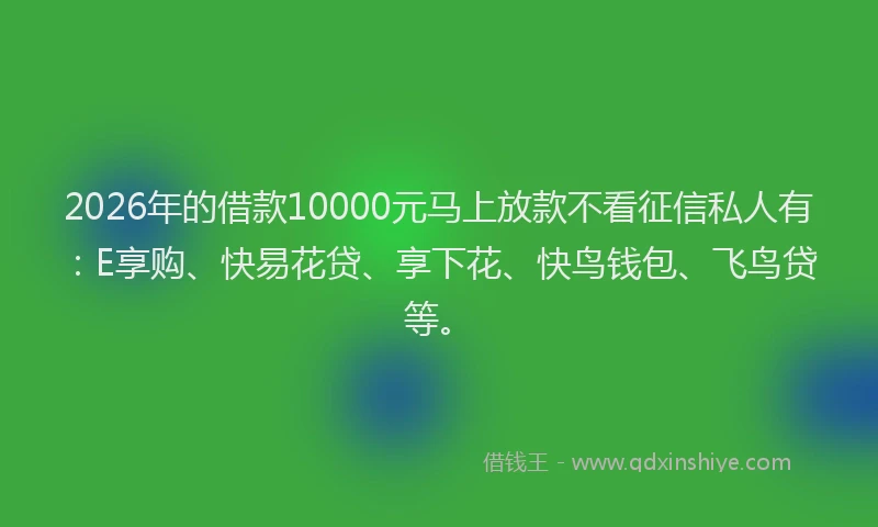 2026年的借款10000元马上放款不看征信私人有：E享购、快易花贷、享下花、快鸟钱包、飞鸟贷等。