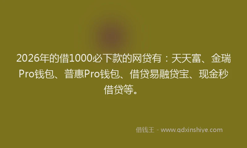 2026年的借1000必下款的网贷有：天天富、金瑞Pro钱包、普惠Pro钱包、借贷易融贷宝、现金秒借贷等。