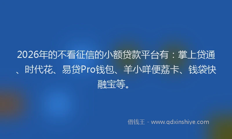 2026年的不看征信的小额贷款平台有：掌上贷通、时代花、易贷Pro钱包、羊小咩便荔卡、钱袋快融宝等。