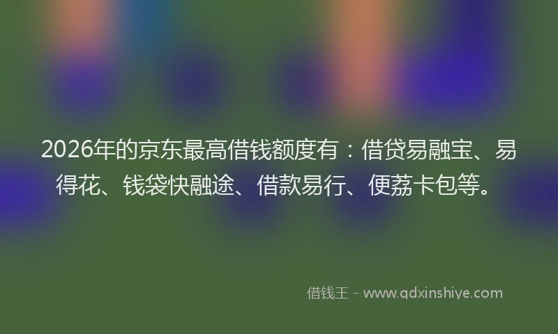 2026年的京东最高借钱额度有:借贷易融宝、易得花、钱袋快融途、借款易行、便荔卡包等。