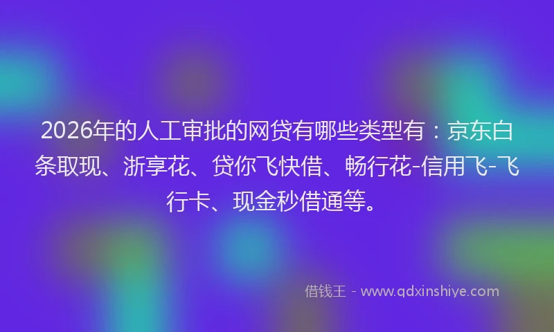 2026年的人工审批的网贷有哪些类型有:京东白条取现、浙享花、贷你飞快借、畅行花-信用飞-飞行卡、现金秒借通等。