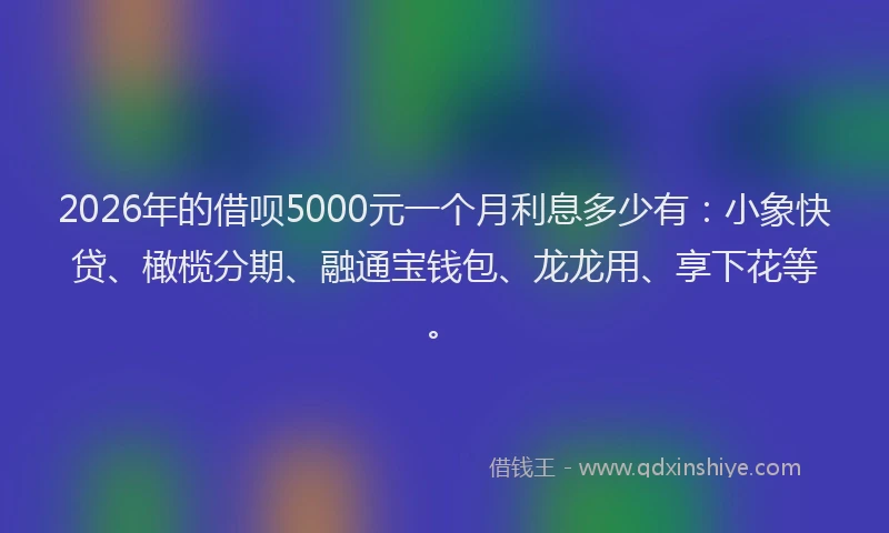 2026年的借呗5000元一个月利息多少有：小象快贷、橄榄分期、融通宝钱包、龙龙用、享下花等。