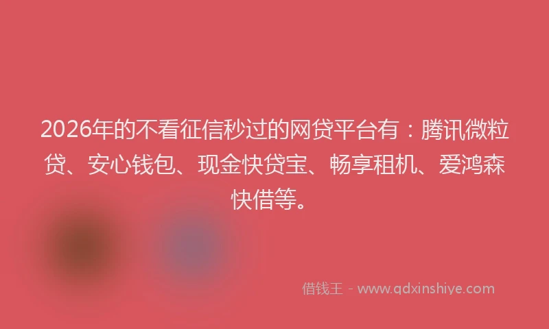 2026年的不看征信秒过的网贷平台有：腾讯微粒贷、安心钱包、现金快贷宝、畅享租机、爱鸿森快借等。