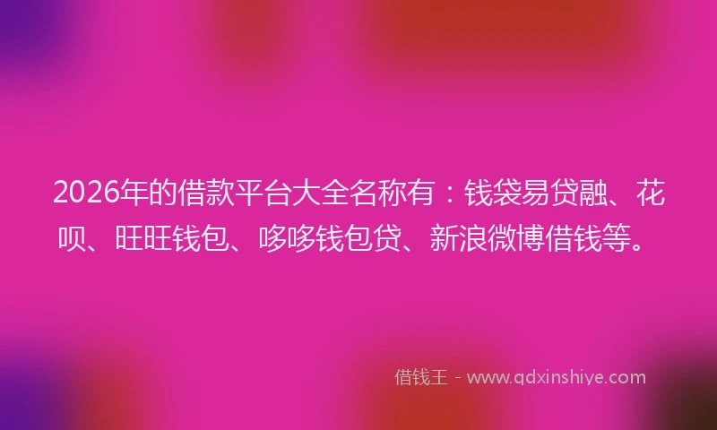 2026年的借款平台大全名称有：钱袋易贷融、花呗、旺旺钱包、哆哆钱包贷、新浪微博借钱等。