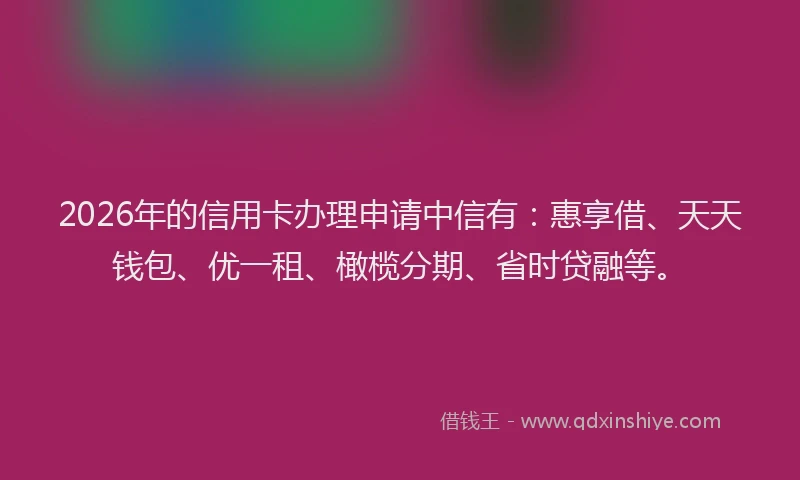 2026年的信用卡办理申请中信有:惠享借、天天钱包、优一租、橄榄分期、省时贷融等。