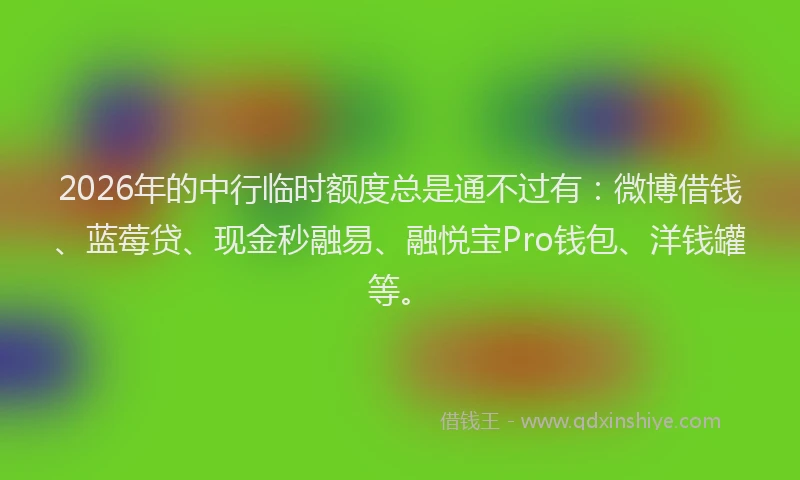 2026年的中行临时额度总是通不过有:微博借钱、蓝莓贷、现金秒融易、融悦宝Pro钱包、洋钱罐等。