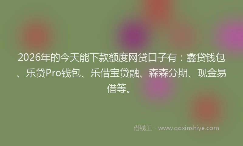 2026年的今天能下款额度网贷口子有:鑫贷钱包、乐贷Pro钱包、乐借宝贷融、森森分期、现金易借等。