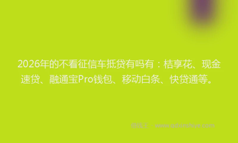 2026年的不看征信车抵贷有吗有:桔享花、现金速贷、融通宝Pro钱包、移动白条、快贷通等。