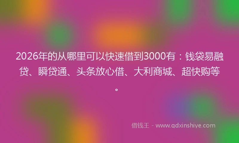 2026年的从哪里可以快速借到3000有:钱袋易融贷、瞬贷通、头条放心借、大利商城、超快购等。