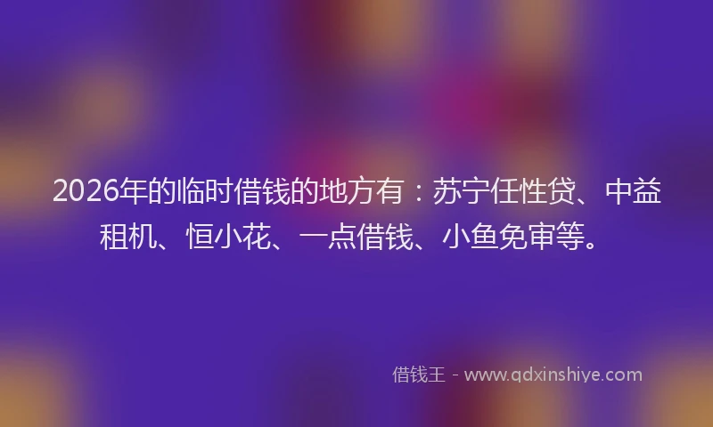 2026年的临时借钱的地方有：苏宁任性贷、中益租机、恒小花、一点借钱、小鱼免审等。