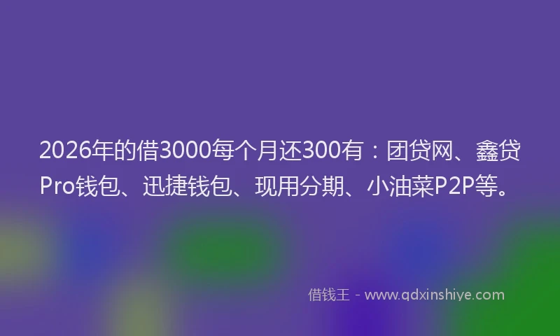 2026年的借3000每个月还300有：团贷网、鑫贷Pro钱包、迅捷钱包、现用分期、小油菜P2P等。