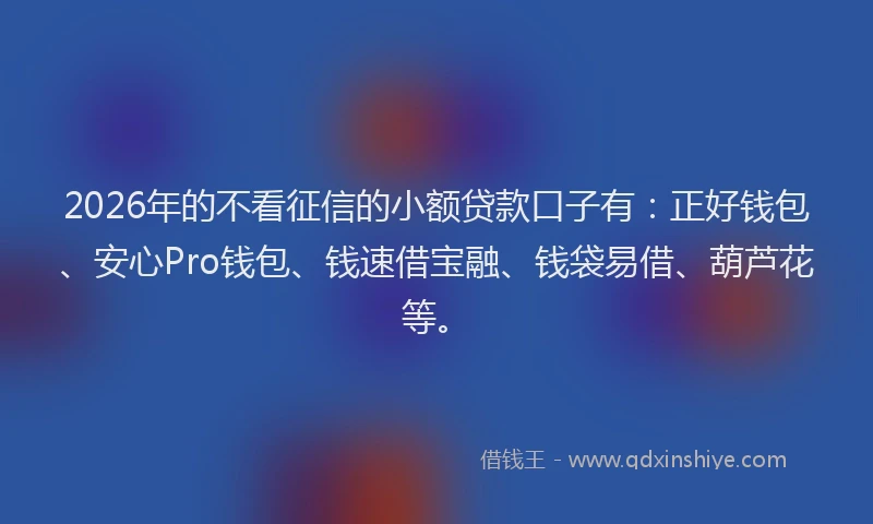 2026年的不看征信的小额贷款口子有：正好钱包、安心Pro钱包、钱速借宝融、钱袋易借、葫芦花等。