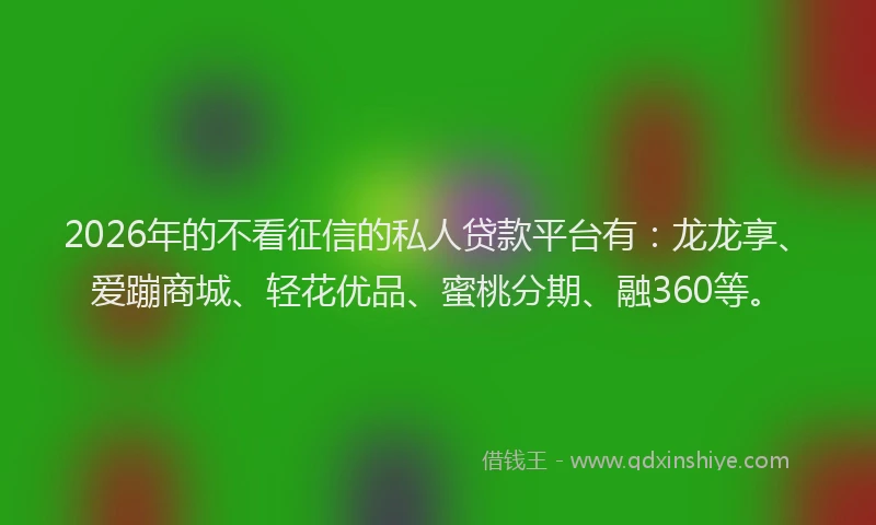 2026年的不看征信的私人贷款平台有：龙龙享、爱蹦商城、轻花优品、蜜桃分期、融360等。