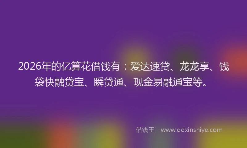 2026年的亿算花借钱有：爱达速贷、龙龙享、钱袋快融贷宝、瞬贷通、现金易融通宝等。