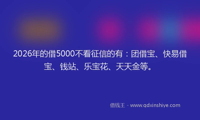 2026年的借5000不看征信的有：团借宝、快易借宝、钱站、乐宝花、天天金等。