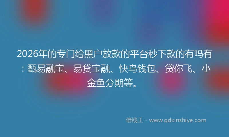 2026年的专门给黑户放款的平台秒下款的有吗有：甄易融宝、易贷宝融、快鸟钱包、贷你飞、小金鱼分期等。