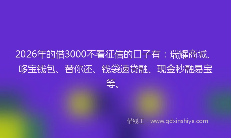 2026年的借3000不看征信的口子有：瑞耀商城、哆宝钱包、替你还、钱袋速贷融、现金秒融易宝等。