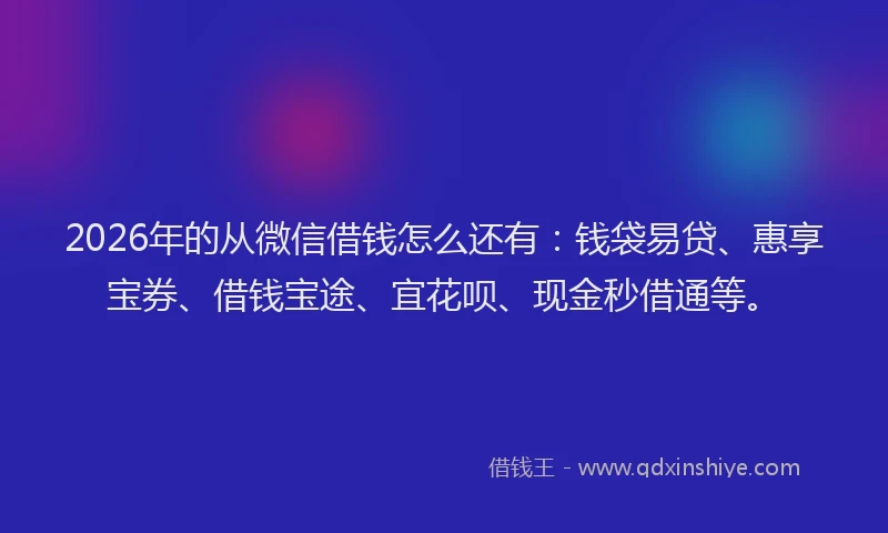 2026年的从微信借钱怎么还有:钱袋易贷、惠享宝券、借钱宝途、宜花呗、现金秒借通等。