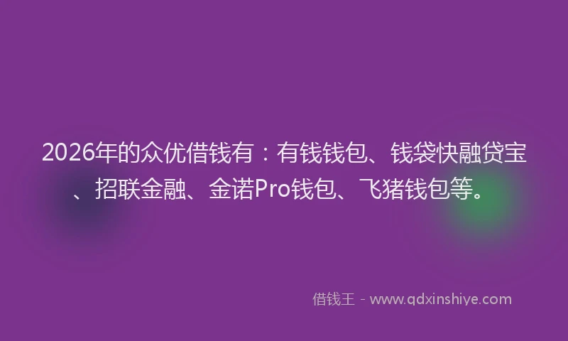 2026年的众优借钱有:有钱钱包、钱袋快融贷宝、招联金融、金诺Pro钱包、飞猪钱包等。
