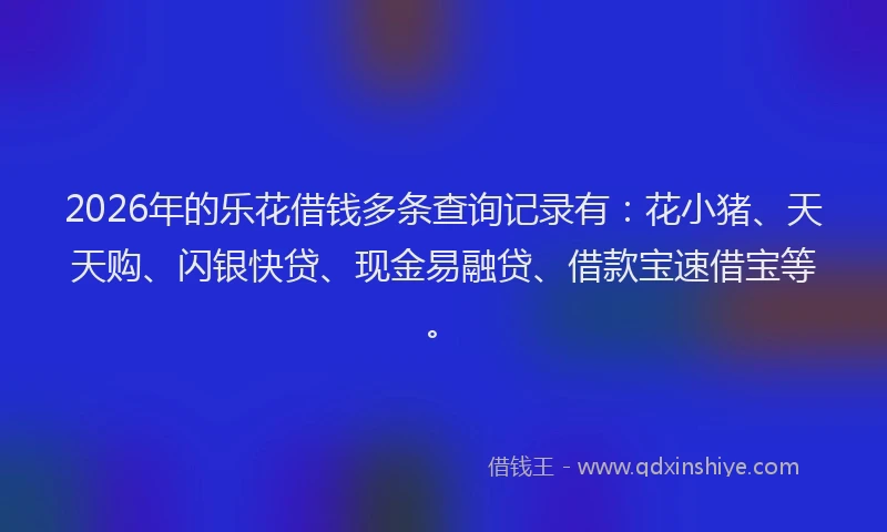 2026年的乐花借钱多条查询记录有：花小猪、天天购、闪银快贷、现金易融贷、借款宝速借宝等。