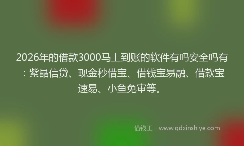 2026年的借款3000马上到账的软件有吗安全吗有:紫晶信贷、现金秒借宝、借钱宝易融、借款宝速易、小鱼免审等。