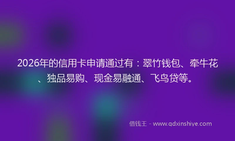2026年的信用卡申请通过有：翠竹钱包、牵牛花、独品易购、现金易融通、飞鸟贷等。