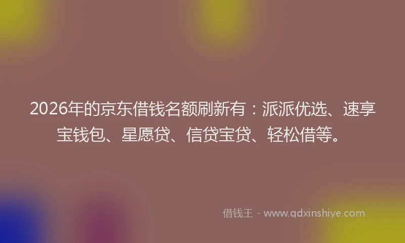 2026年的京东借钱名额刷新有:派派优选、速享宝钱包、星愿贷、信贷宝贷、轻松借等。