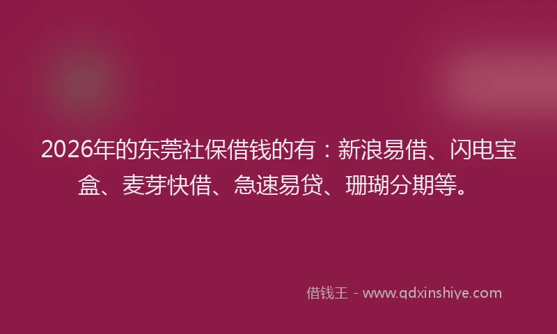 2026年的东莞社保借钱的有：新浪易借、闪电宝盒、麦芽快借、急速易贷、珊瑚分期等。