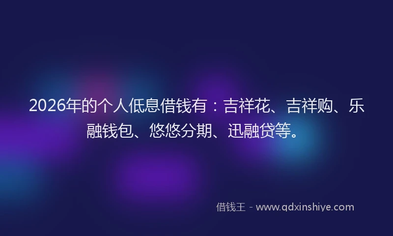 2026年的个人低息借钱有：吉祥花、吉祥购、乐融钱包、悠悠分期、迅融贷等。