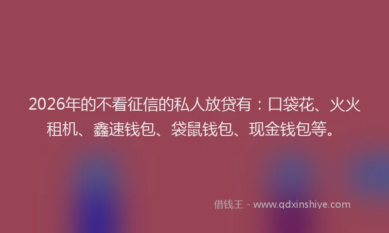 2026年的不看征信的私人放贷有：口袋花、火火租机、鑫速钱包、袋鼠钱包、现金钱包等。