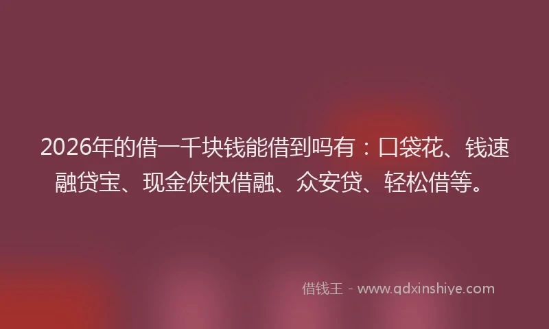 2026年的借一千块钱能借到吗有：口袋花、钱速融贷宝、现金侠快借融、众安贷、轻松借等。