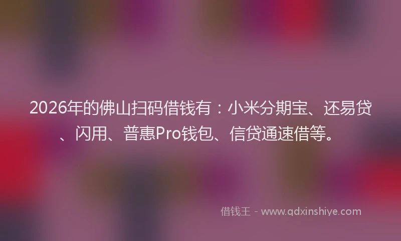 2026年的佛山扫码借钱有：小米分期宝、还易贷、闪用、普惠Pro钱包、信贷通速借等。
