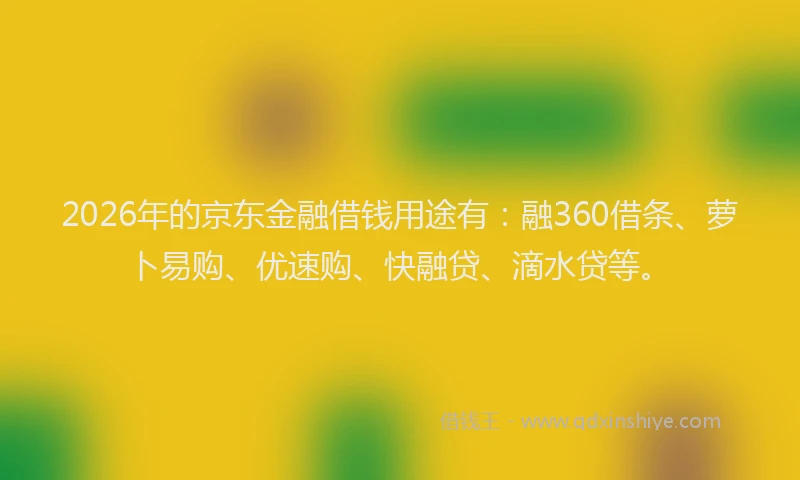 2026年的京东金融借钱用途有：融360借条、萝卜易购、优速购、快融贷、滴水贷等。