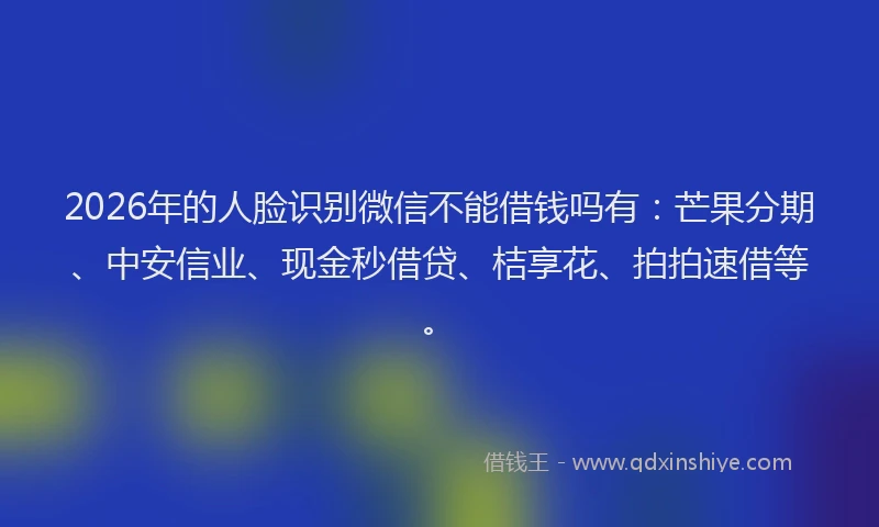 2026年的人脸识别微信不能借钱吗有：芒果分期、中安信业、现金秒借贷、桔享花、拍拍速借等。