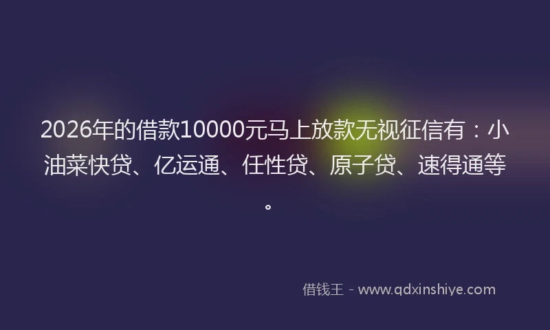 2026年的借款10000元马上放款无视征信有：小油菜快贷、亿运通、任性贷、原子贷、速得通等。