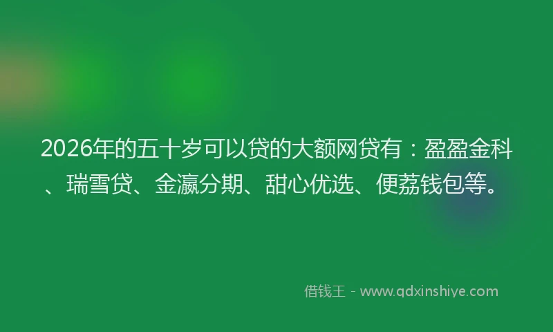 2026年的五十岁可以贷的大额网贷有：盈盈金科、瑞雪贷、金瀛分期、甜心优选、便荔钱包等。