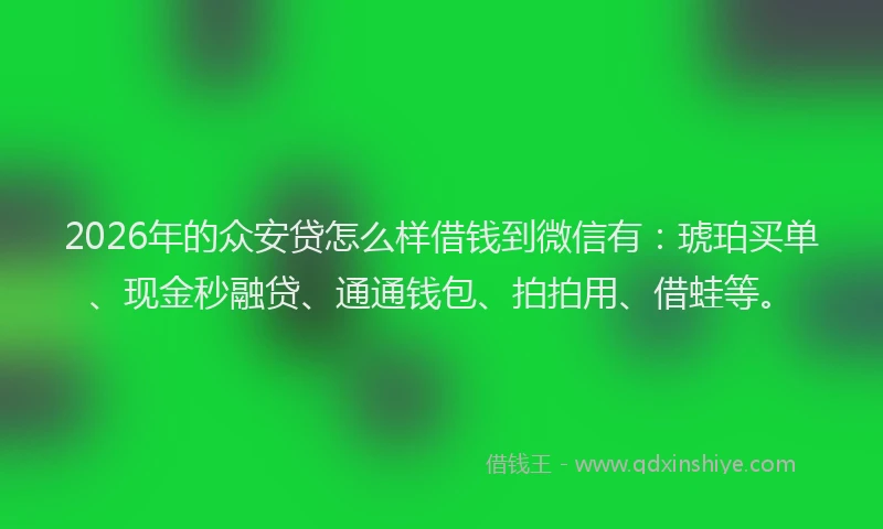 2026年的众安贷怎么样借钱到微信有:琥珀买单、现金秒融贷、通通钱包、拍拍用、借蛙等。