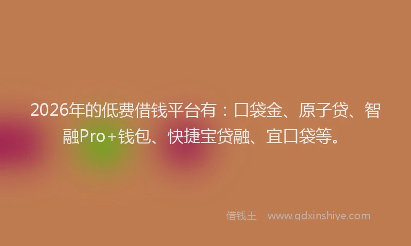 2026年的低费借钱平台有：口袋金、原子贷、智融Pro+钱包、快捷宝贷融、宜口袋等。
