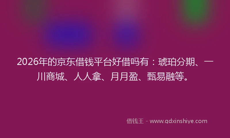 2026年的京东借钱平台好借吗有:琥珀分期、一川商城、人人拿、月月盈、甄易融等。