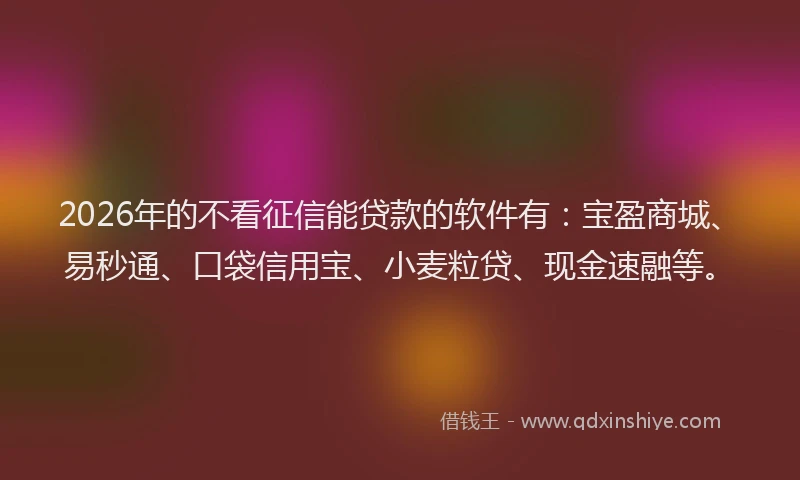 2026年的不看征信能贷款的软件有：宝盈商城、易秒通、口袋信用宝、小麦粒贷、现金速融等。
